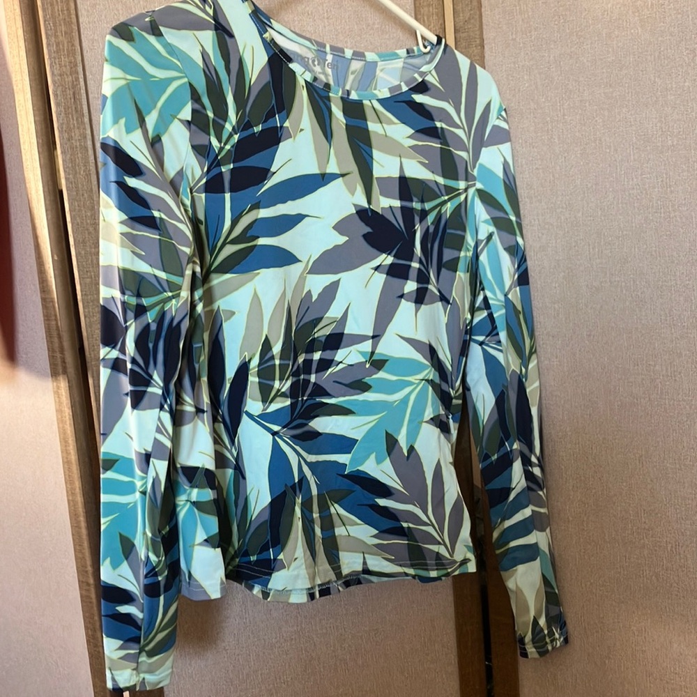 FINAL MARKDOWN Hang Ten Blue and Green Fitted Long Sleeve Blouse small